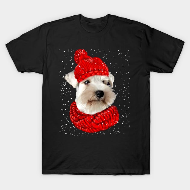 Miniature Schnauzer Wearing Red Hat And Scarf Christmas T-Shirt by SuperMama1650